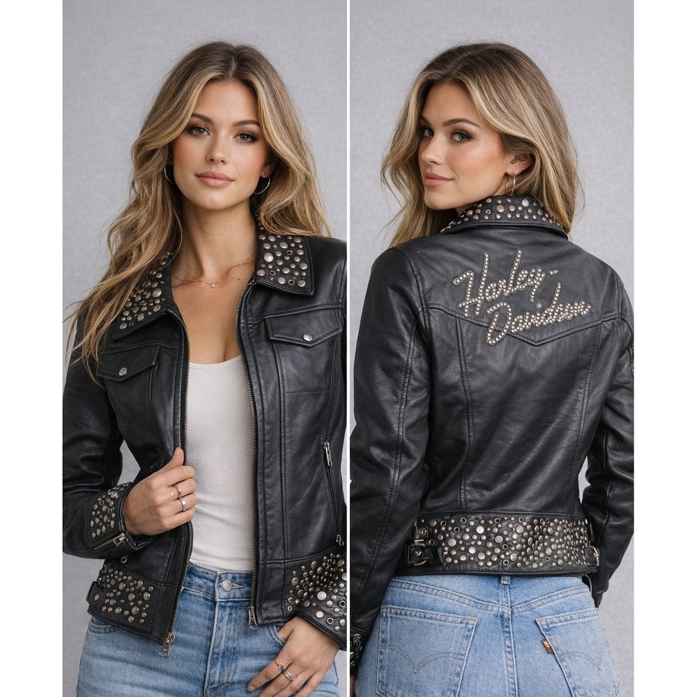 Harley-Davidson Vintage Roxy Studded Black Leather Jacket - Size S - Picture 1 of 13